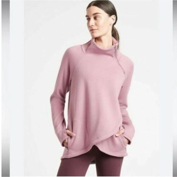 Athleta Cozy Karma Fleece Asym Pullover Sweatshirt Mauve Pink Size XS athleisure - Picture 1 of 9